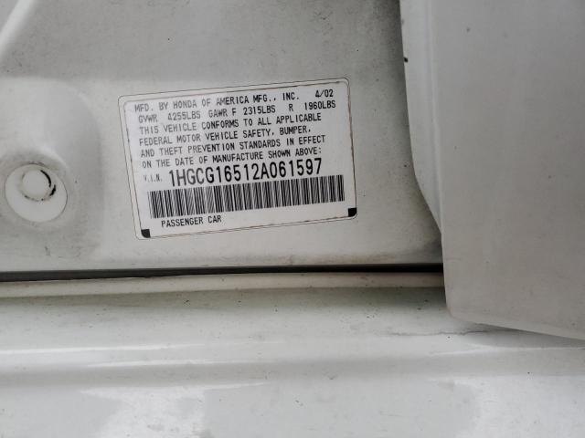 1HGCG16512A061597 - 2002 HONDA ACCORD EX WHITE photo 12