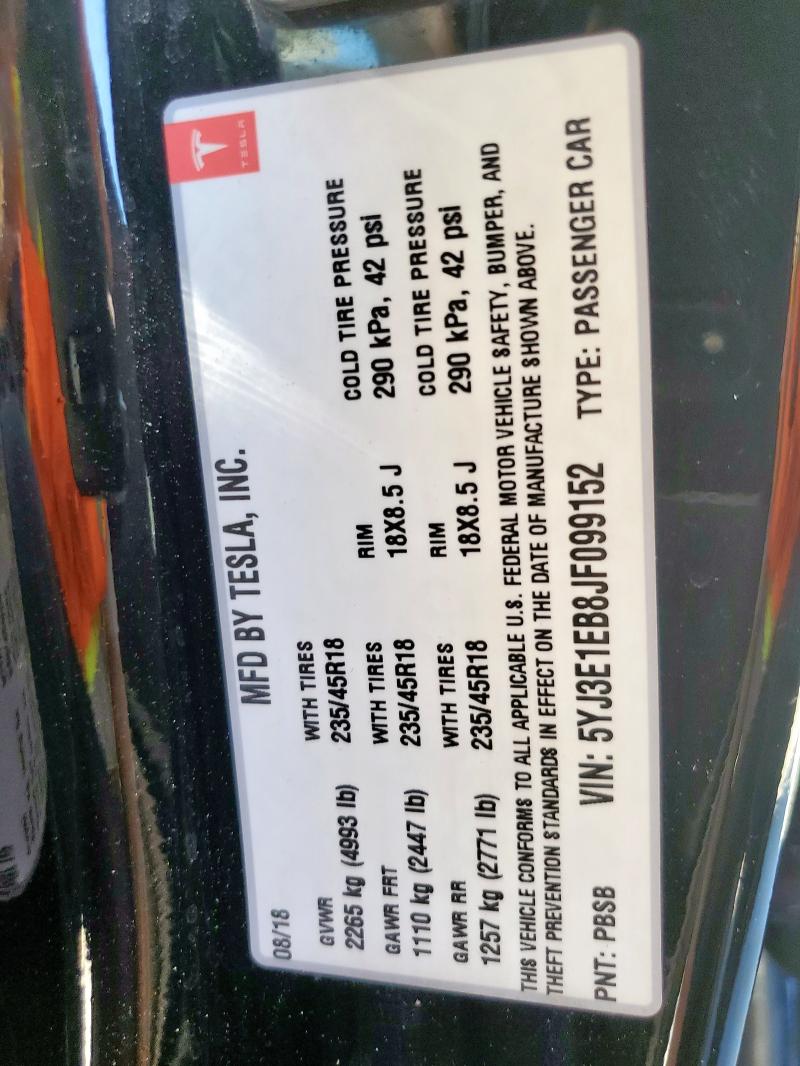 5YJ3E1EB8JF099152 - 2018 TESLA MODEL 3 黑色 照片 12