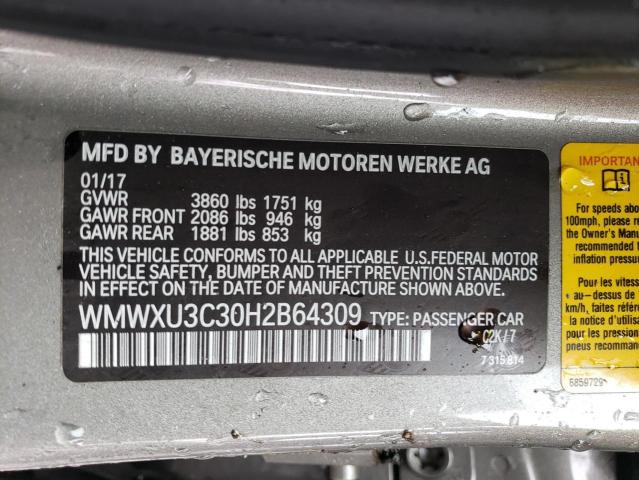 WMWXU3C30H2B64309 - 2017 MINI COOPER S GRAY photo 12