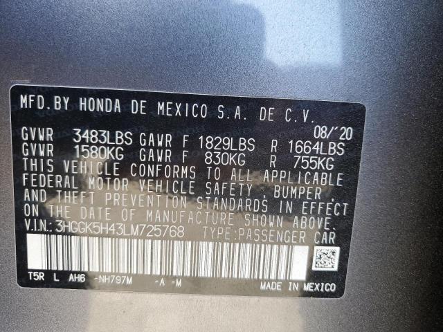 3HGGK5H43LM725768 - 2020 HONDA FIT LX GRAY photo 12