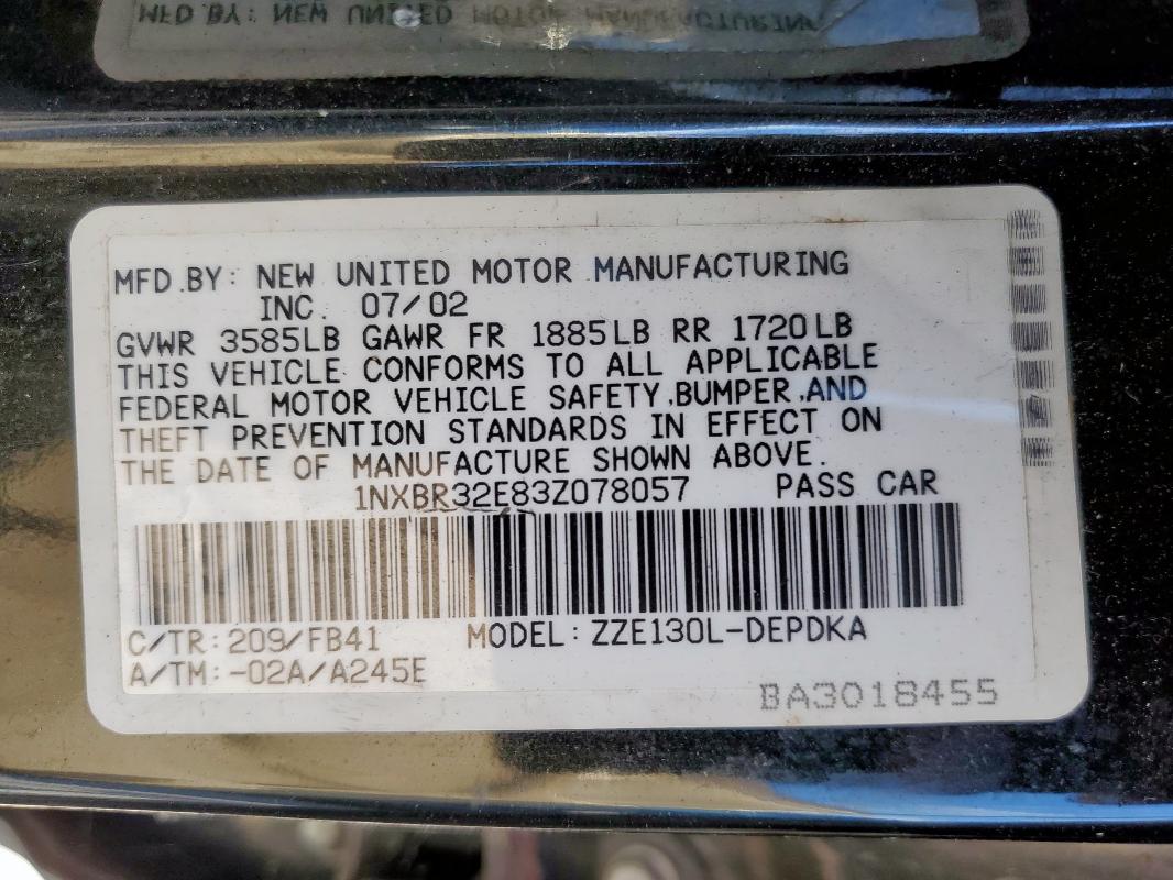 1NXBR32E83Z078057 - 2003 TOYOTA COROLLA CE Қара фото 12