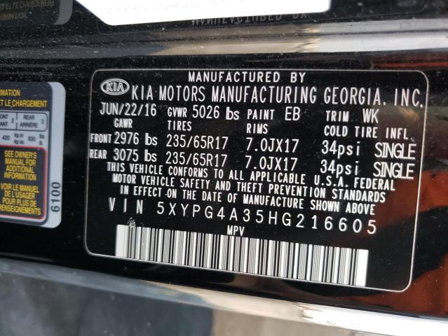 5XYPG4A35HG216605 - 2017 KIA SORENTO LX BLACK photo 13