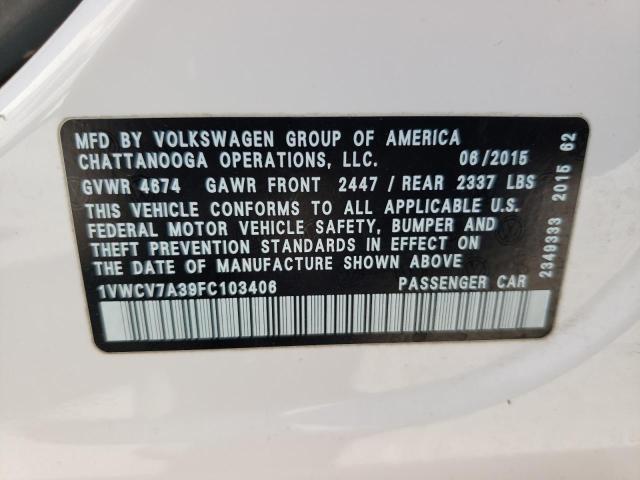 1VWCV7A39FC103406 - 2015 VOLKSWAGEN PASSAT SEL Blanco foto 12