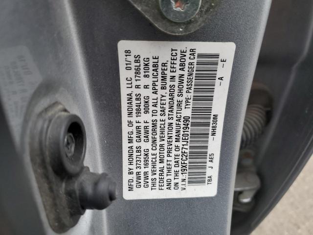 19XFC2F71JE019490 - 2018 HONDA CIVIC EX SILVER photo 12