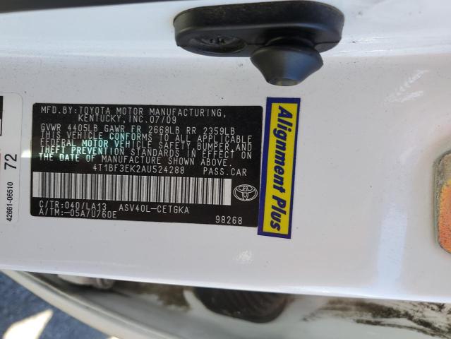 4T1BF3EK2AU524288 - 2010 TOYOTA CAMRY BASE 白色 照片 12