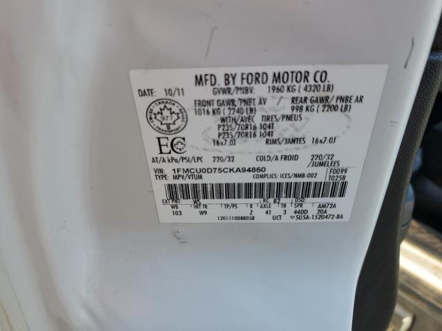 1FMCU0D75CKA94860 - 2012 FORD ESCAPE XLT WHITE photo 13