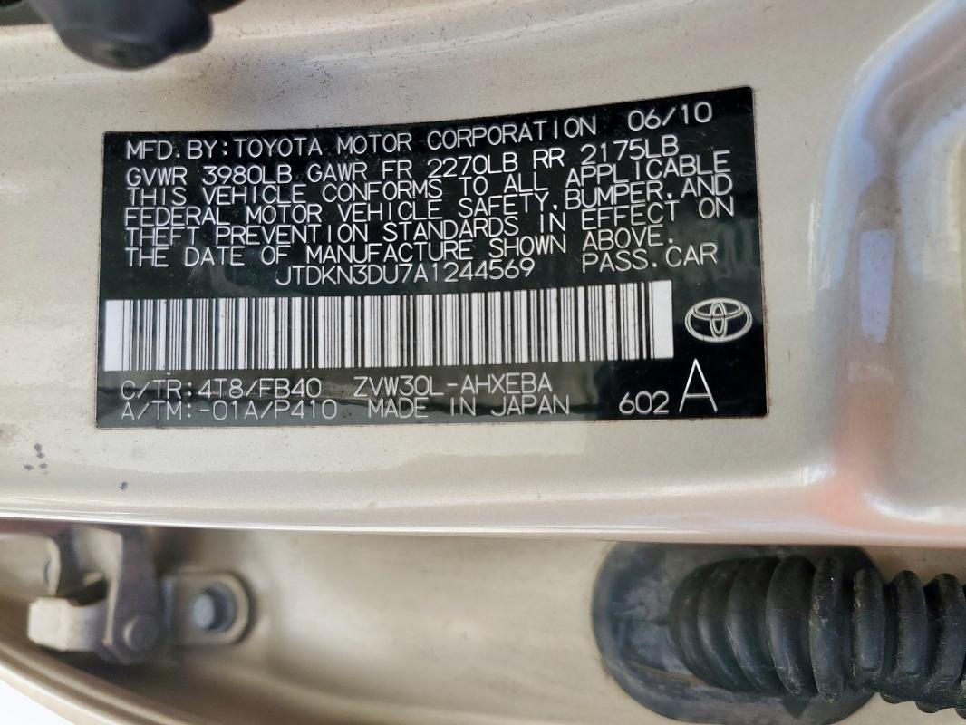 JTDKN3DU7A1244569 - 2010 TOYOTA PRIUS ოქროსფერი ფოტო 13