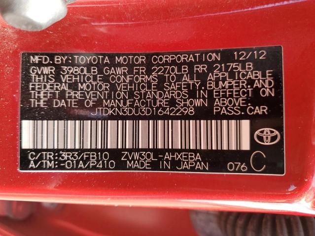 JTDKN3DU3D1642298 - 2013 TOYOTA PRIUS RED photo 13