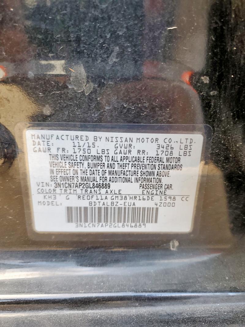 3N1CN7AP2GL846889 - 2016 NISSAN VERSA S أسود صورة 12