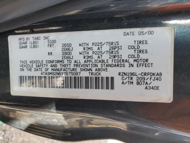 4TASM92N6YZ675087 - 2000 TOYOTA TACOMA XTRACAB PRERUNNER შავი ფოტო 12