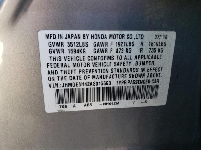 JHMGE8H42AS015660 - 2010 HONDA FIT SPORT SILVER photo 12