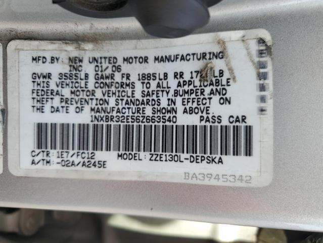 1NXBR32E56Z663540 - 2006 TOYOTA COROLLA CE SILVER photo 12