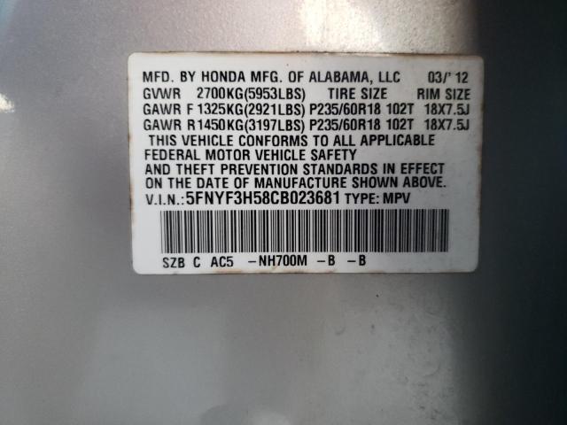 5FNYF3H58CB023681 - 2012 HONDA PILOT EXL SILVER photo 13