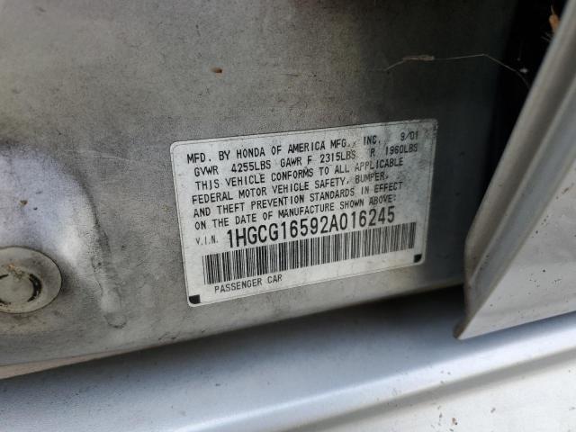 1HGCG16592A016245 - 2002 HONDA ACCORD EX ვერცხლისფერი ფოტო 12