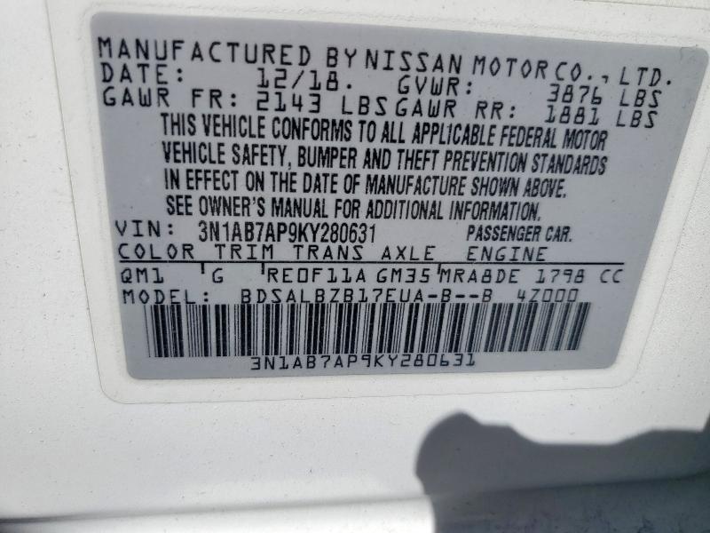3N1AB7AP9KY280631 - 2019 NISSAN SENTRA S WHITE photo 12
