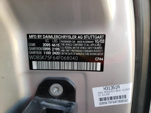 WDBSK75F64F068040 - 2004 MERCEDES-BENZ SL 500 SILVER photo 12