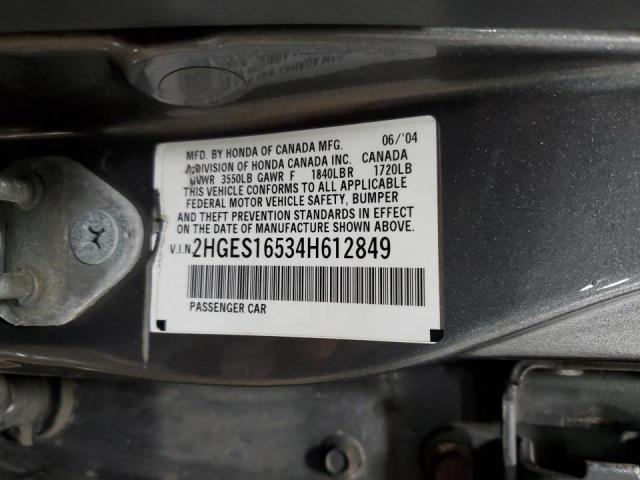 2HGES16534H612849 - 2004 HONDA CIVIC LX GRAY photo 12