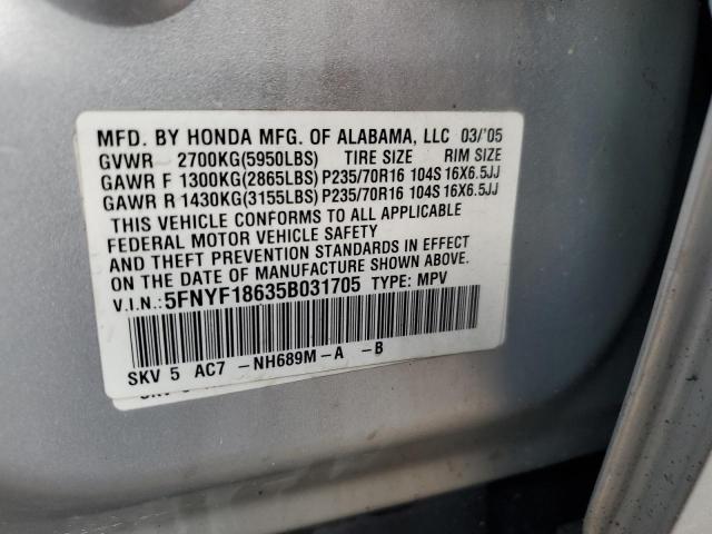 5FNYF18635B031705 - 2005 HONDA PILOT EXL SILVER photo 13