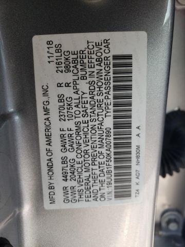 19UUB1F50KA007890 - 2019 ACURA TLX TECHNOLOGY 银色 照片 12
