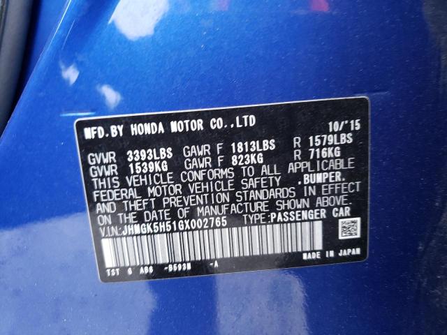 JHMGK5H51GX002765 - 2016 HONDA FIT LX BLUE photo 12