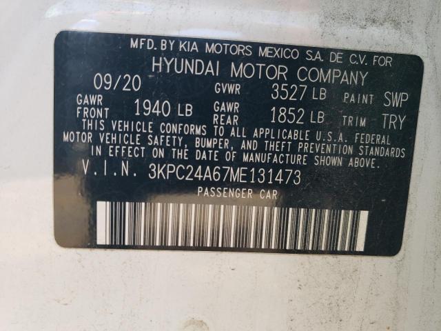 3KPC24A67ME131473 - 2021 HYUNDAI ACCENT SE WHITE photo 12