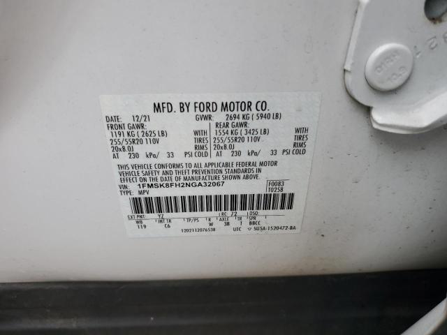 1FMSK8FH2NGA32067 - 2022 FORD EXPLORER LIMITED WHITE photo 14