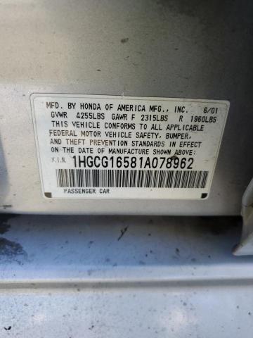 1HGCG16581A078962 - 2001 HONDA ACCORD EX ვერცხლისფერი ფოტო 13