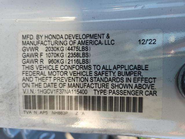 1HGCV1F37NA115400 - 2022 HONDA ACCORD SPORT 白色 照片 12