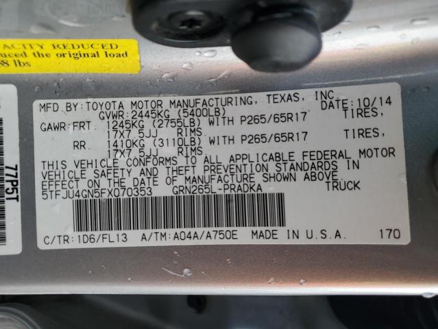 5TFJU4GN5FX070353 - 2015 TOYOTA TACOMA DOUBLE CAB PRERUNNER SILVER photo 12