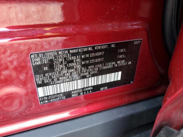 4T3RWRFV9MU015367 - 2021 TOYOTA RAV4 XLE RED photo 12