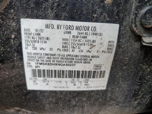 1FMSK8DHXNGA50237 - 2022 FORD EXPLORER XLT Чорний фото 13