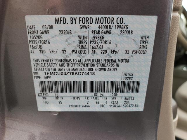 1FMCU03Z78KD74418 - 2008 FORD ESCAPE XLT GRAY photo 14