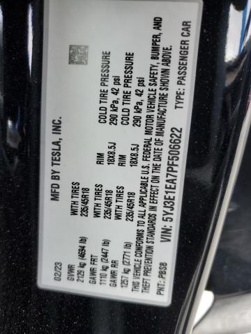 5YJ3E1EA7PF506622 - 2023 TESLA MODEL 3 BLACK photo 12