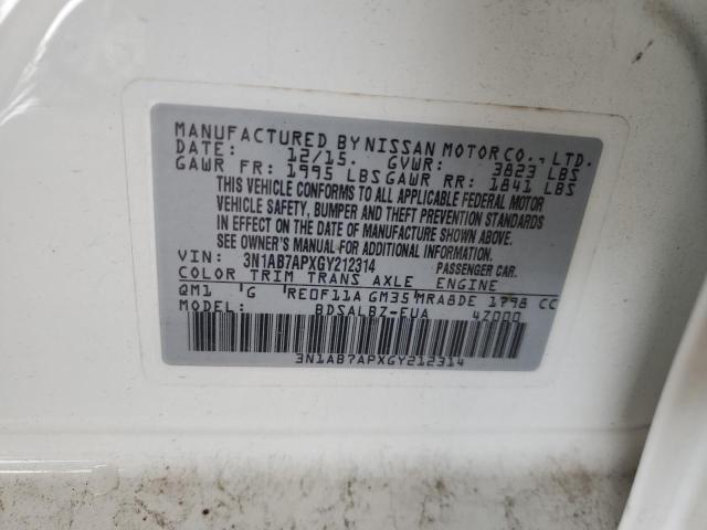 3N1AB7APXGY212314 - 2016 NISSAN SENTRA S WHITE photo 12