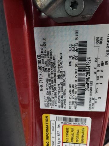 3FA6P0H72HR347824 - 2017 FORD FUSION SE RED photo 12