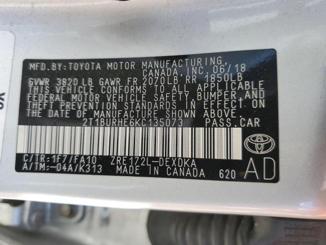 2T1BURHE6KC135073 - 2019 TOYOTA COROLLA L 银色 照片 12