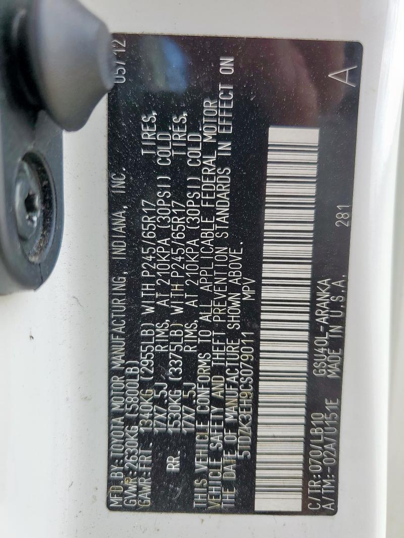 5TDZK3EH9CS079011 - 2012 TOYOTA HIGHLANDER BASE Biały zdjęcie 14