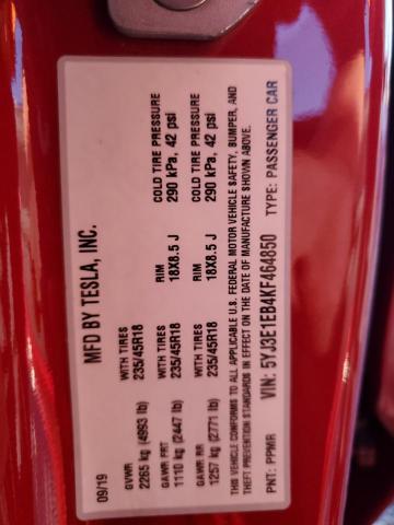 5YJ3E1EB4KF464850 - 2019 TESLA MODEL 3 RED photo 12