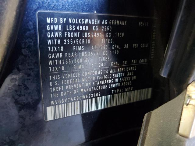 WVGBV7AX8CW523102 - 2012 VOLKSWAGEN TIGUAN S შავი ფოტო 13