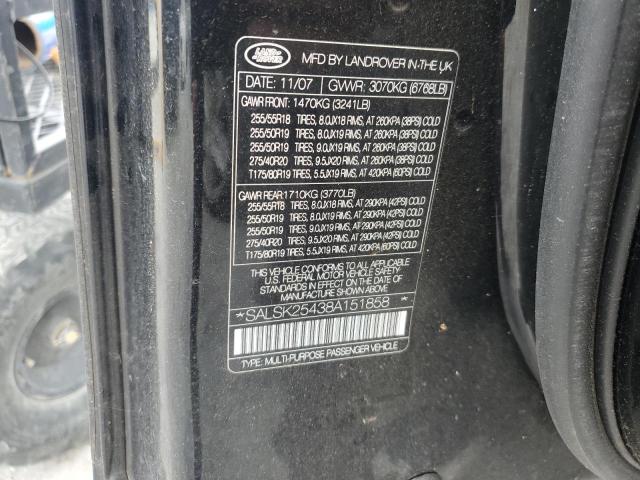 SALSK25438A151858 - 2008 LAND ROVER RANGE ROVE HSE BLACK photo 13