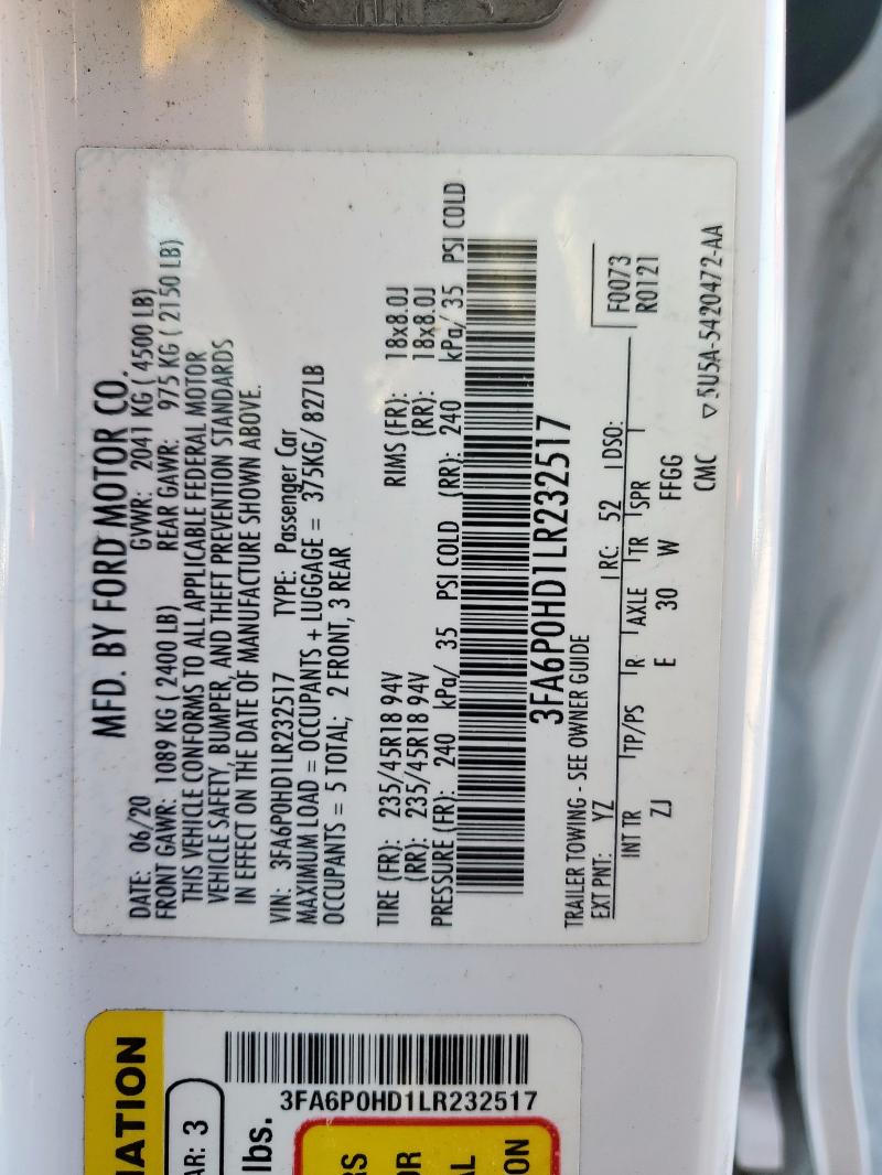 3FA6P0HD1LR232517 - 2020 FORD FUSION SE 白色 照片 12