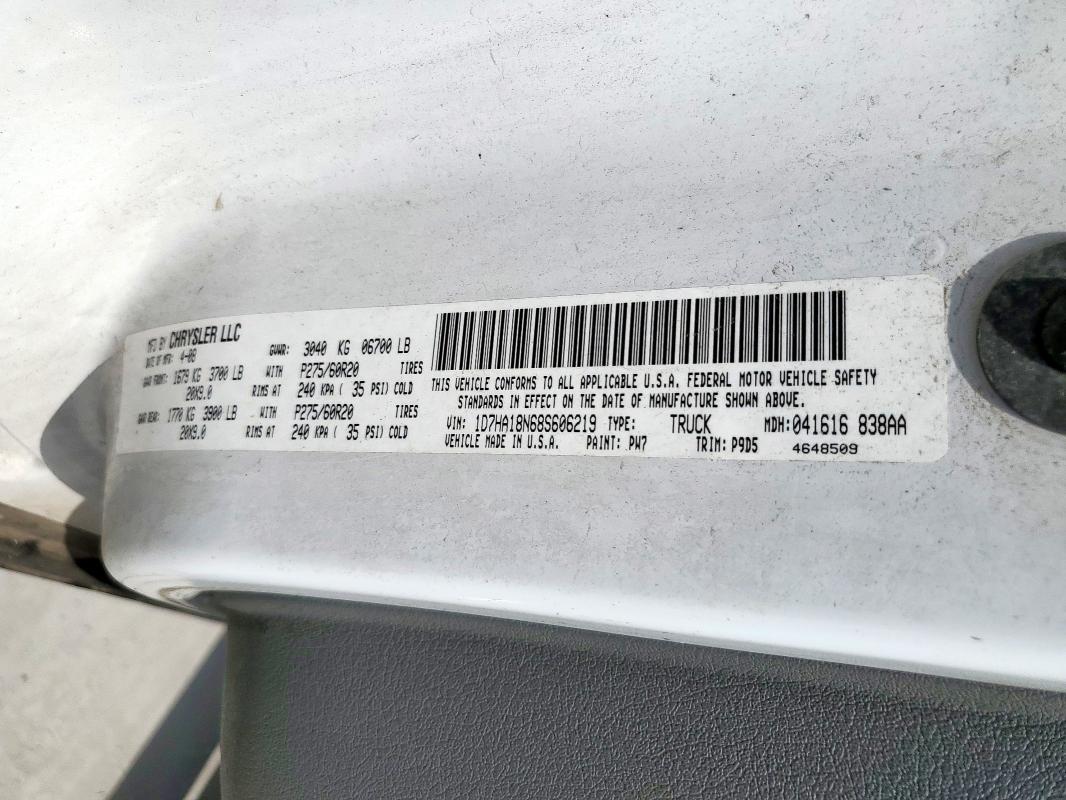 1D7HA18N68S606219 - 2008 DODGE RAM 1500 ST WHITE photo 12