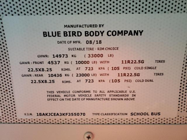 1BAKJCEA3KF355070 - 2019 BLUE BIRD SCHOOL BUS YELLOW photo 10