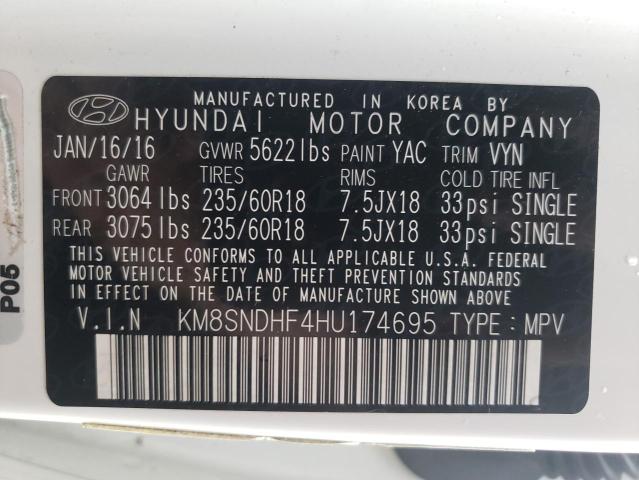 KM8SNDHF4HU174695 - 2017 HYUNDAI SANTA FE SE WHITE photo 13