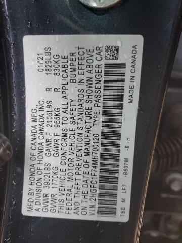 2HGFC1F74MH700120 - 2021 HONDA CIVIC EXL ნაცრისფერი ფოტო 13