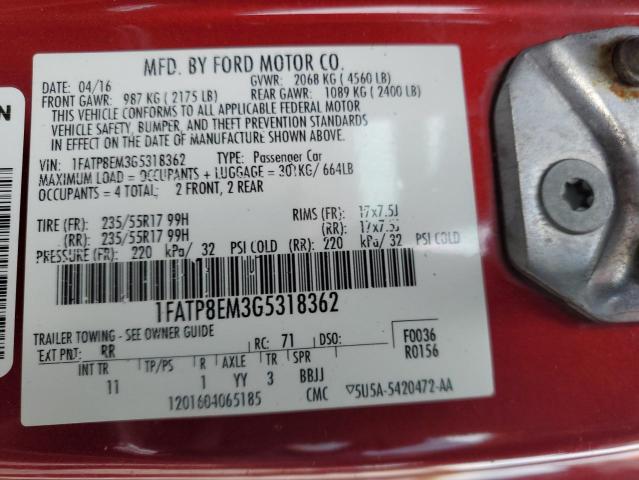 1FATP8EM3G5318362 - 2016 FORD MUSTANG RED photo 12