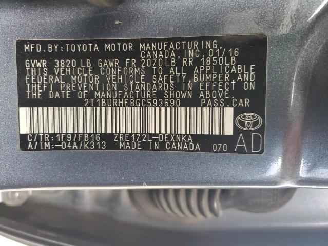 2T1BURHE8GC593690 - 2016 TOYOTA COROLLA L BLUE photo 12