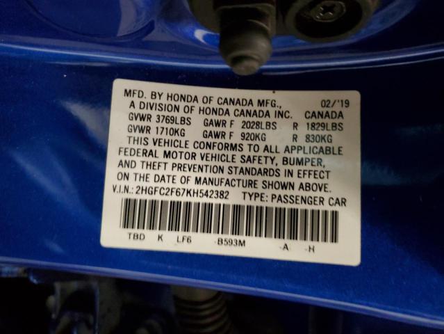 2HGFC2F67KH542382 - 2019 HONDA CIVIC LX BLUE photo 13