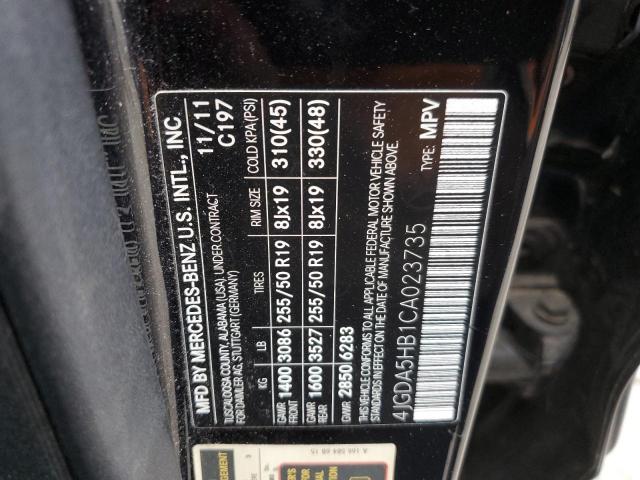 4JGDA5HB1CA023735 - 2012 MERCEDES-BENZ ML 350 4MATIC BLACK photo 12