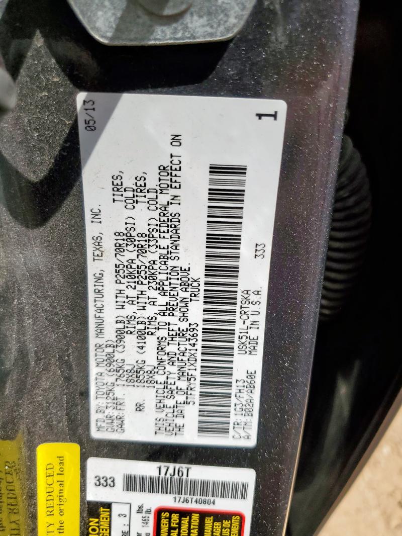 5TFRY5F1XDX143693 - 2013 TOYOTA TUNDRA DOUBLE CAB SR5 CHARCOAL photo 12